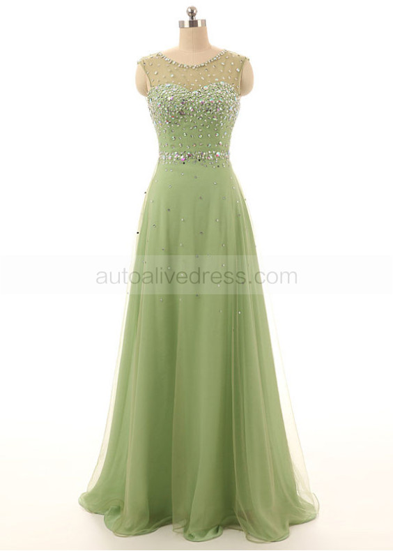 Green Tulle Beads Keyhole Back Long Prom Dress